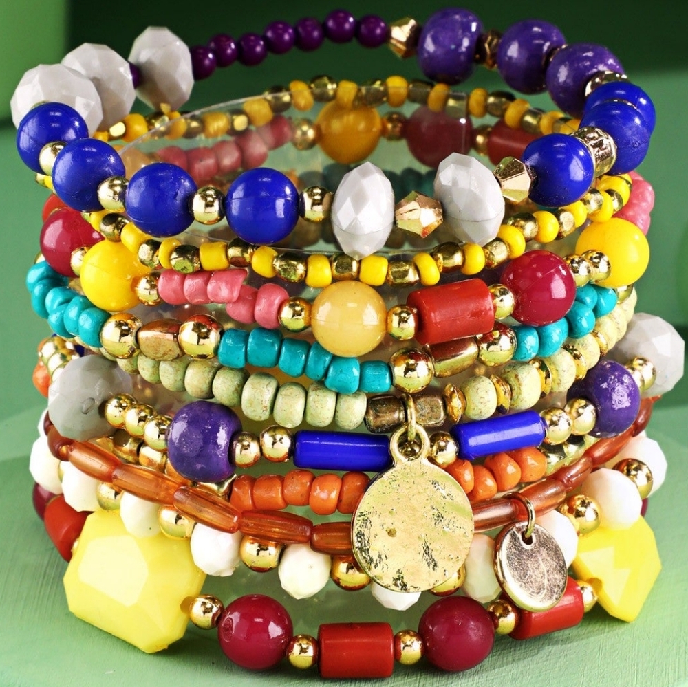 Colorful Bright Boho Chic Multi Layered Stretch Bracelet Set w/ Golden Charms